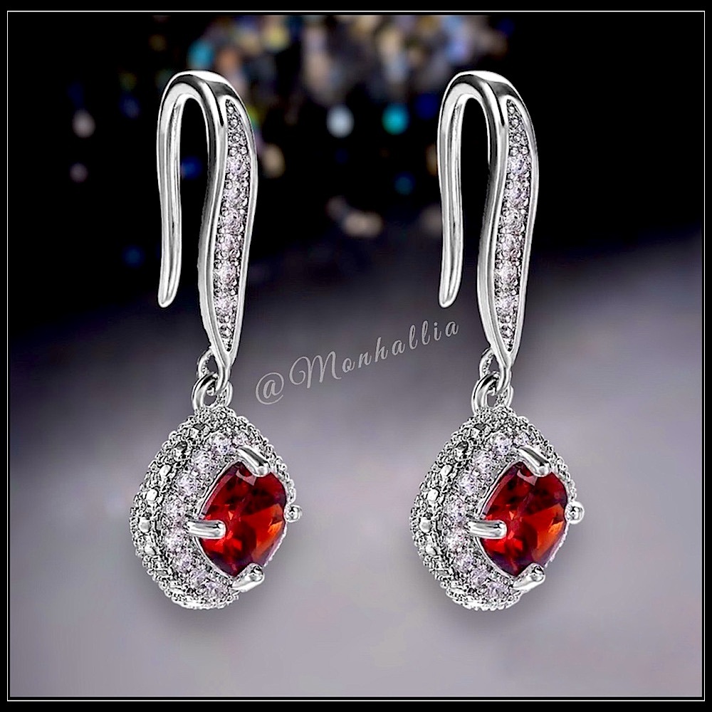 New White Gold Cushion Red Ruby Halo Pave Earrings